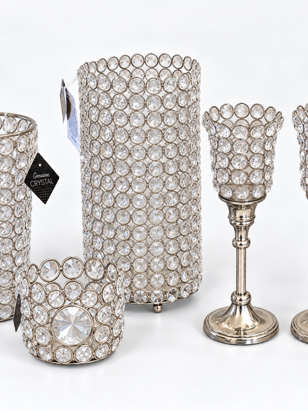 Genuine Crystal Beaded Silver Candle Holders Set - Home Accents